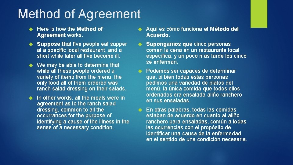 Method of Agreement Here is how the Method of Agreement works. Aquí es cómo