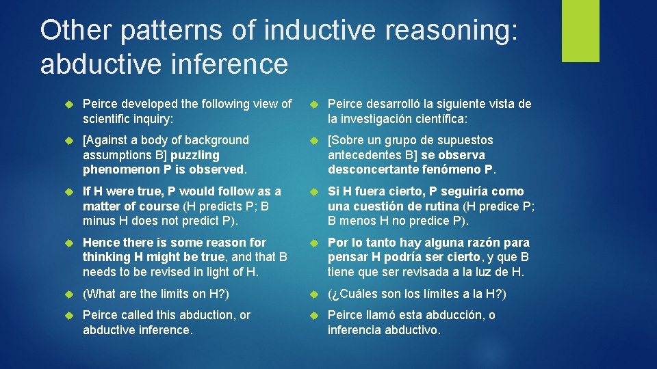 Other patterns of inductive reasoning: abductive inference Peirce developed the following view of scientific