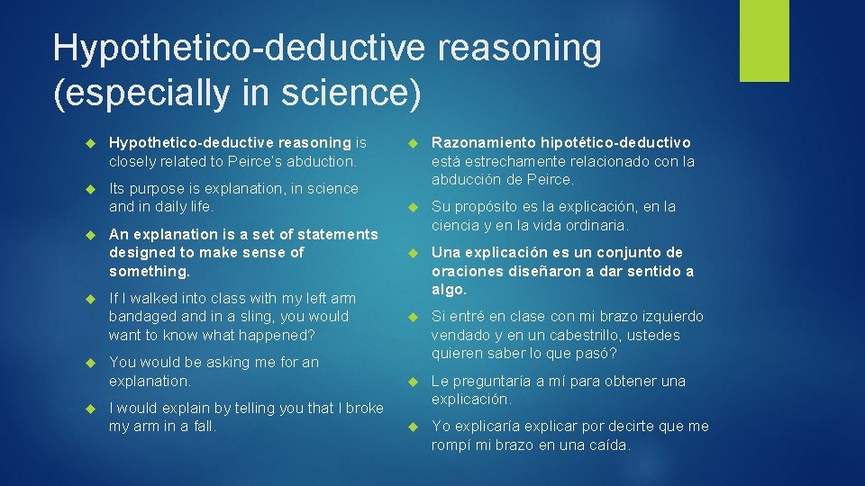 Hypothetico-deductive reasoning (especially in science) Hypothetico-deductive reasoning is closely related to Peirce’s abduction. Its