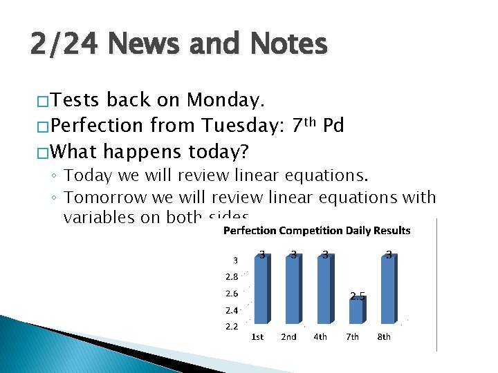 2/24 News and Notes � Tests back on Monday. � Perfection from Tuesday: 7