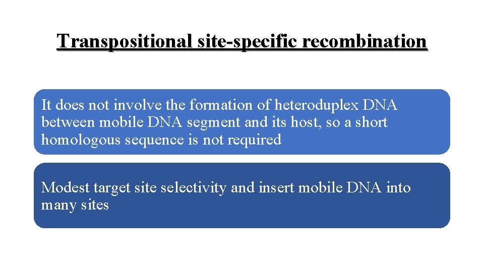 Transpositional site-specific recombination It does not involve the formation of heteroduplex DNA between mobile