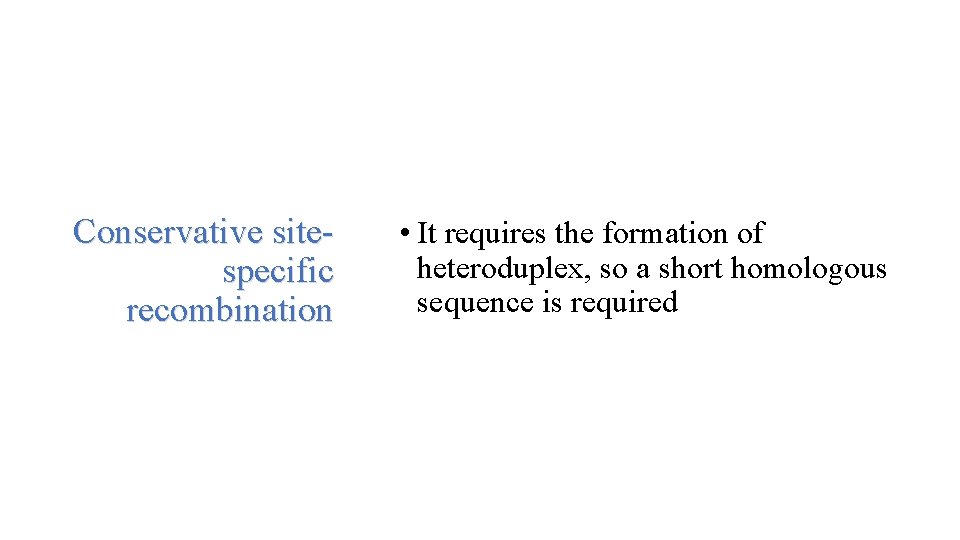 Conservative sitespecific recombination • It requires the formation of heteroduplex, so a short homologous