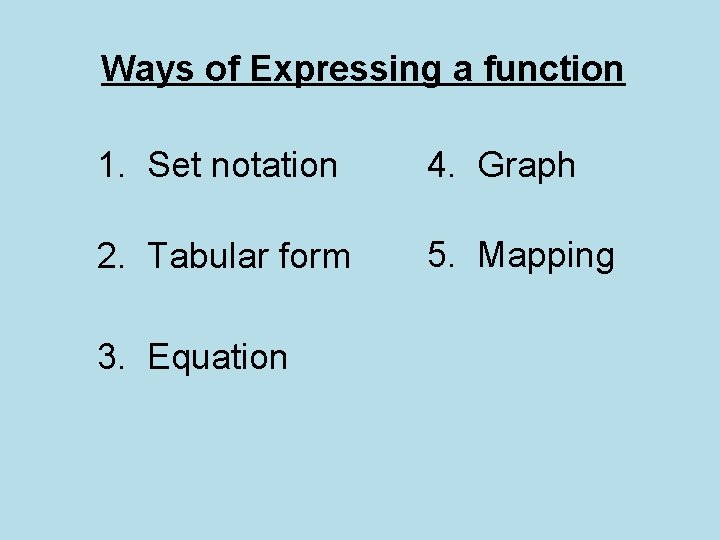 Ways of Expressing a function 1. Set notation 4. Graph 2. Tabular form 5.