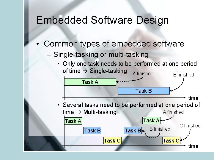 Embedded Software Design • Common types of embedded software – Single-tasking or multi-tasking •