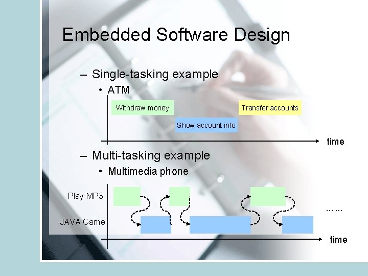 Embedded Software Design – Single-tasking example • ATM Withdraw money Transfer accounts Show account