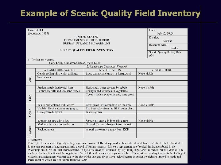 Example of Scenic Quality Field Inventory 