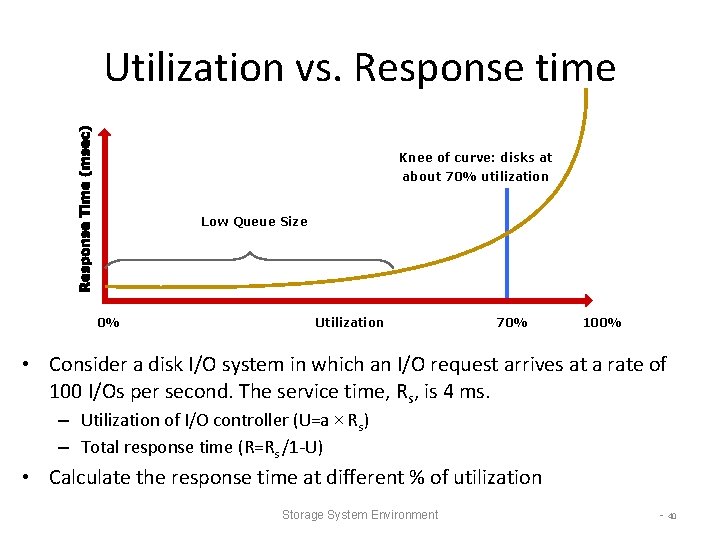 Utilization vs. Response time Knee of curve: disks at about 70% utilization Low Queue Utilization vs. Response time Knee of curve: disks at about 70% utilization Low Queue