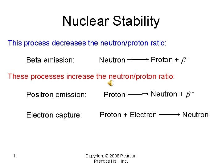 Nuclear Stability This process decreases the neutron/proton ratio: Beta emission: Neutron Proton + b