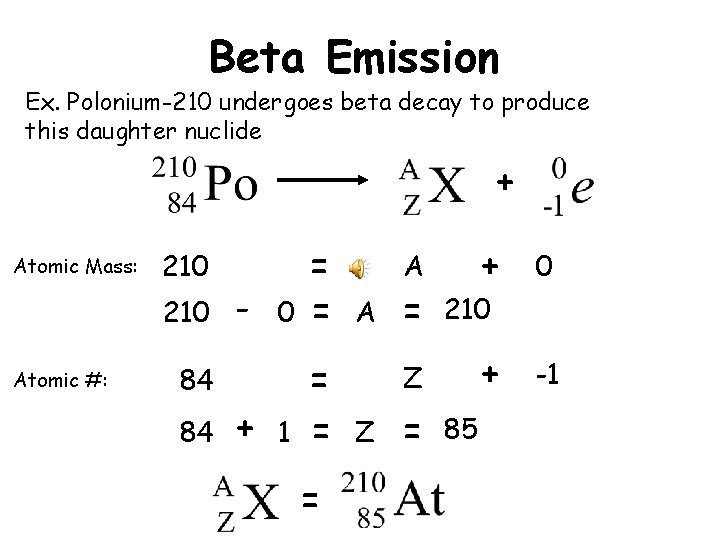 Beta Emission Ex. Polonium-210 undergoes beta decay to produce this daughter nuclide + Atomic