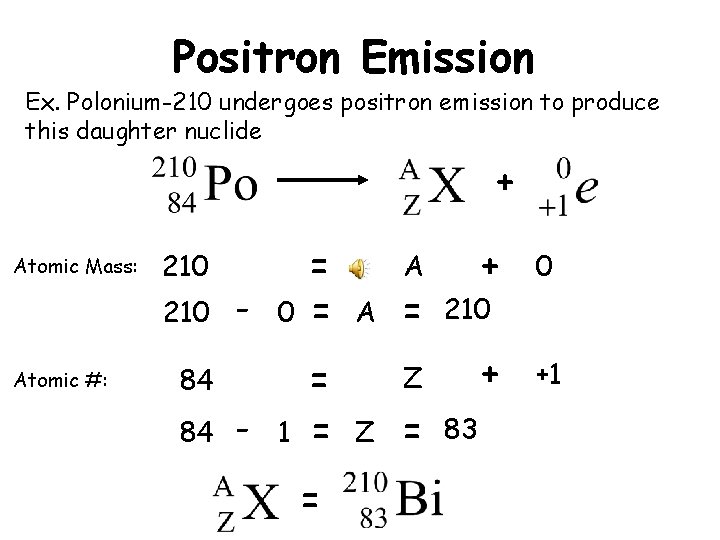 Positron Emission Ex. Polonium-210 undergoes positron emission to produce this daughter nuclide + Atomic