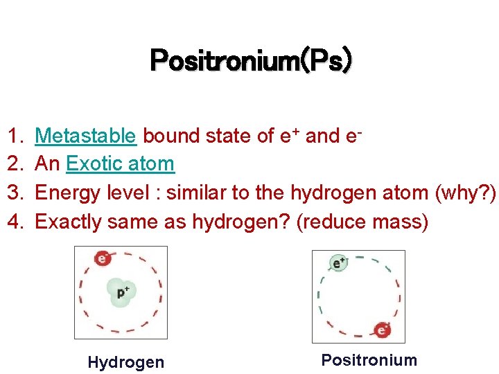 Positronium(Ps) 1. 2. 3. 4. Metastable bound state of e+ and e. An Exotic