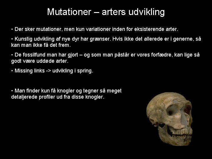 Mutationer – arters udvikling • Der sker mutationer, men kun variationer inden for eksisterende