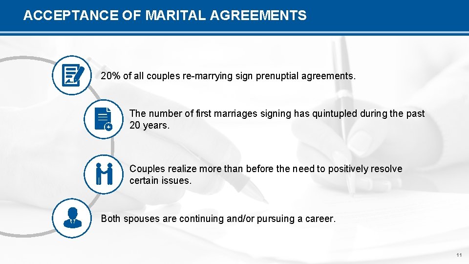ACCEPTANCE OF MARITAL AGREEMENTS 20% of all couples re-marrying sign prenuptial agreements. The number