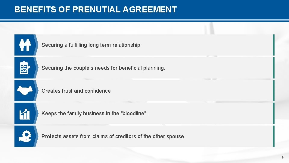 BENEFITS OF PRENUTIAL AGREEMENT Securing a fulfilling long term relationship Securing the couple’s needs