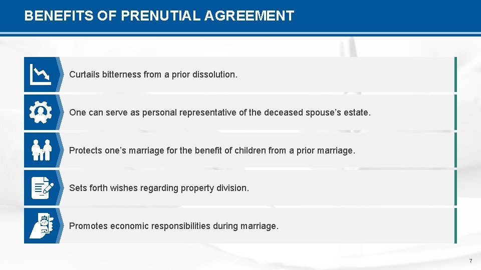 BENEFITS OF PRENUTIAL AGREEMENT Curtails bitterness from a prior dissolution. One can serve as