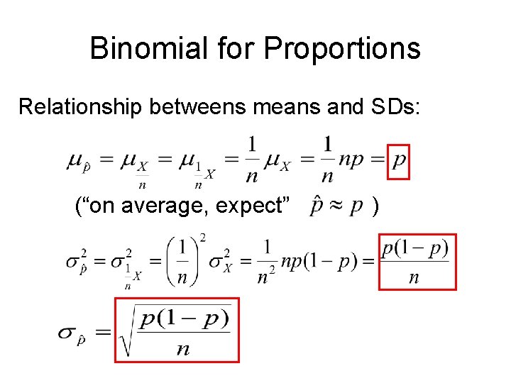 Binomial for Proportions Relationship betweens means and SDs: (“on average, expect” ) 