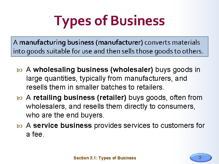 Types of Business A manufacturing business (manufacturer) converts materials into goods suitable for use