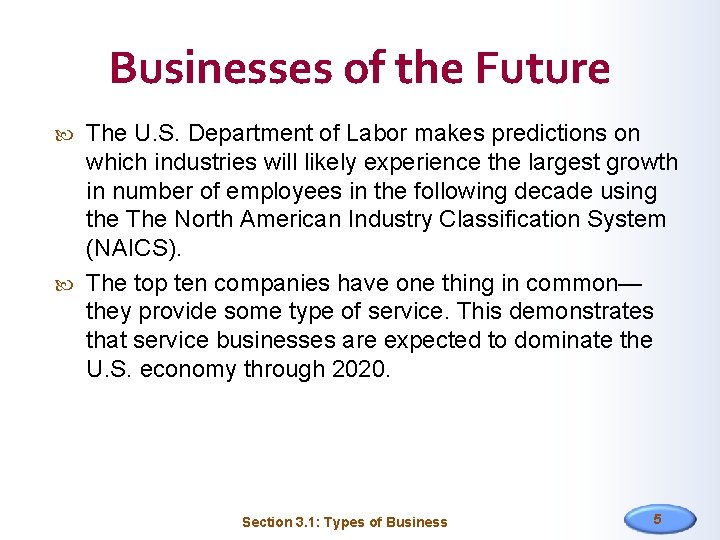 Businesses of the Future The U. S. Department of Labor makes predictions on which