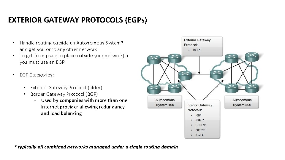 EXTERIOR GATEWAY PROTOCOLS (EGPs) • Handle routing outside an Autonomous System* and get you