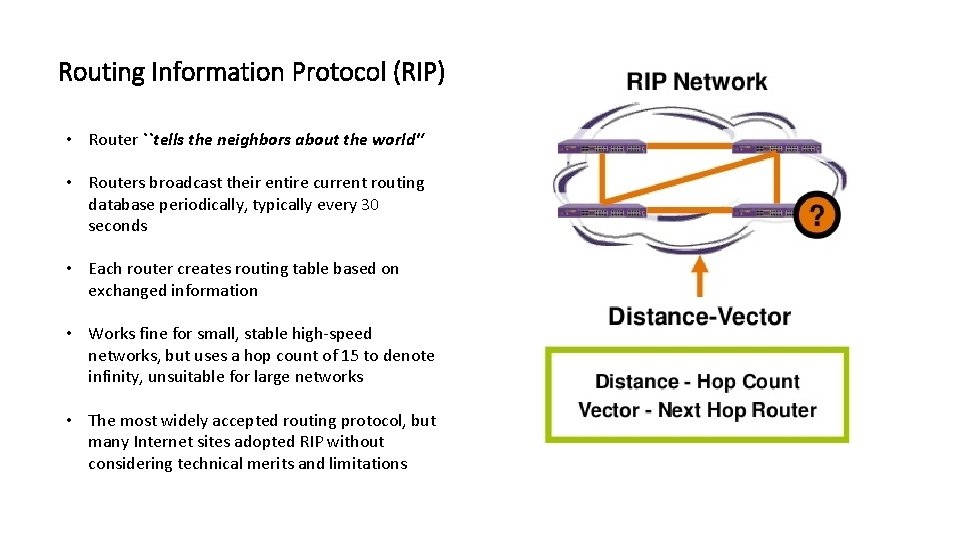 Routing Information Protocol (RIP) • Router ``tells the neighbors about the world'‘ • Routers