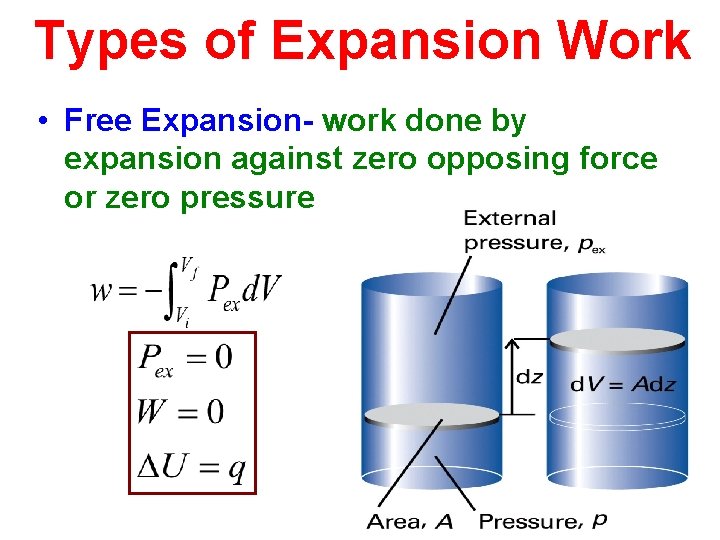 Types of Expansion Work • Free Expansion- work done by expansion against zero opposing