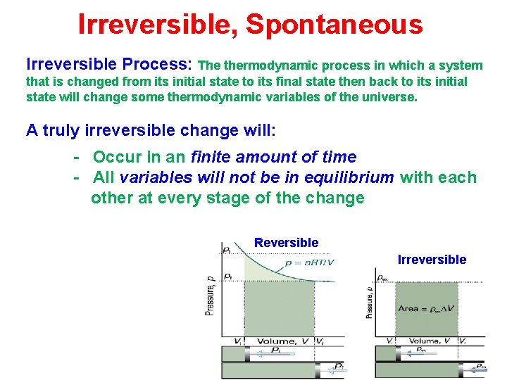 Irreversible, Spontaneous Irreversible Process: The thermodynamic process in which a system that is changed