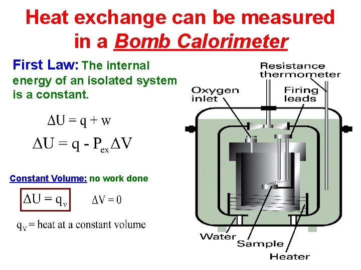 Heat exchange can be measured in a Bomb Calorimeter First Law: The internal energy