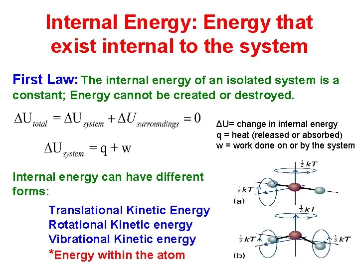 Internal Energy: Energy that exist internal to the system First Law: The internal energy