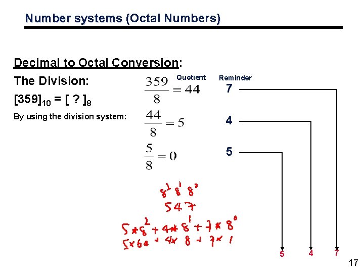 Number systems (Octal Numbers) ( Decimal to Octal Conversion: Quotient The Division: [359]10 =