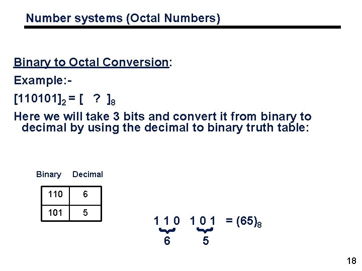 Number systems (Octal Numbers) ( Binary to Octal Conversion: Example: [110101]2 = [ ?