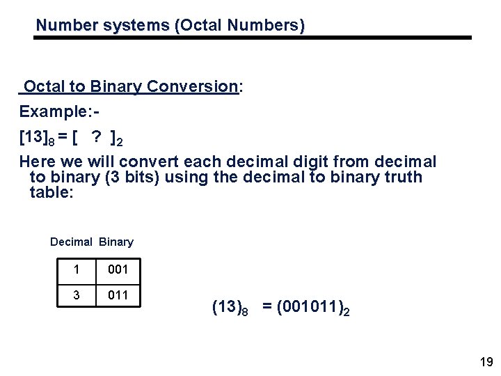 Number systems (Octal Numbers) ( Octal to Binary Conversion: Example: [13]8 = [ ?