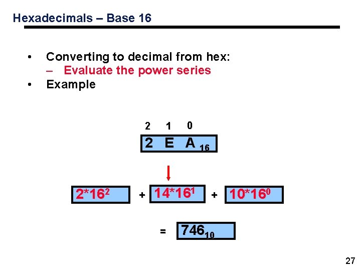 Hexadecimals – Base 16 • • Converting to decimal from hex: – Evaluate the