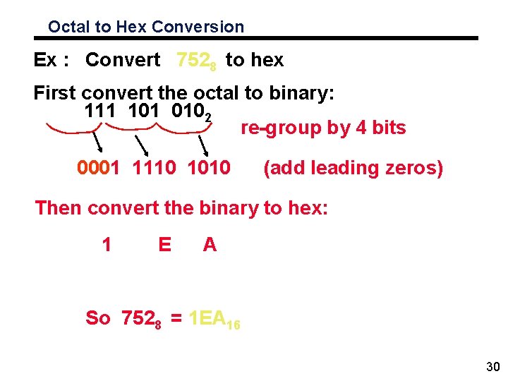 Octal to Hex Conversion Ex : Convert 7528 to hex First convert the octal