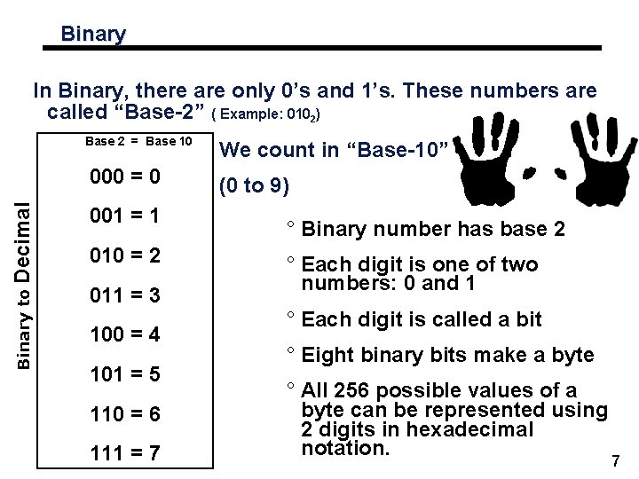 Binary In Binary, there are only 0’s and 1’s. These numbers are called “Base-2”