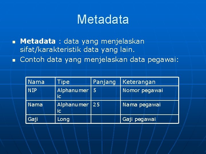 Metadata n n Metadata : data yang menjelaskan sifat/karakteristik data yang lain. Contoh data