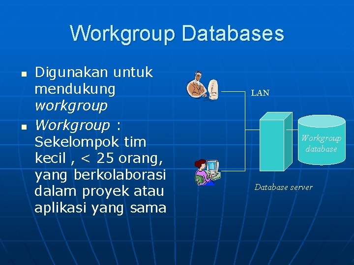 Workgroup Databases n n Digunakan untuk mendukung workgroup Workgroup : Sekelompok tim kecil ,