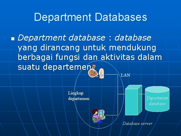 Department Databases n Department database : database yang dirancang untuk mendukung berbagai fungsi dan