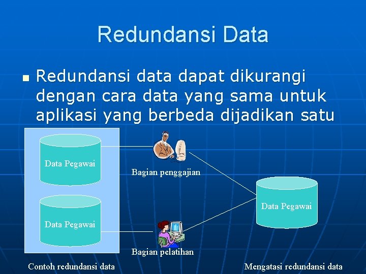 Redundansi Data n Redundansi data dapat dikurangi dengan cara data yang sama untuk aplikasi