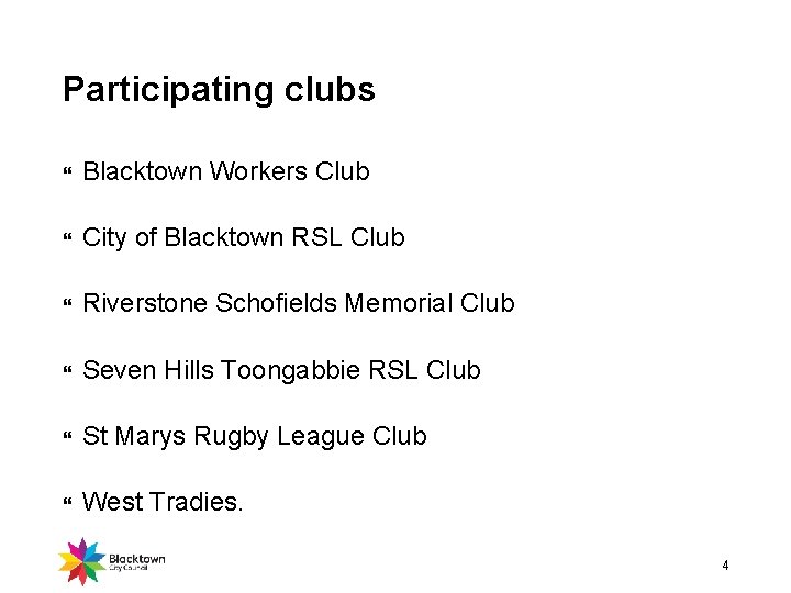Participating clubs Blacktown Workers Club City of Blacktown RSL Club Riverstone Schofields Memorial Club