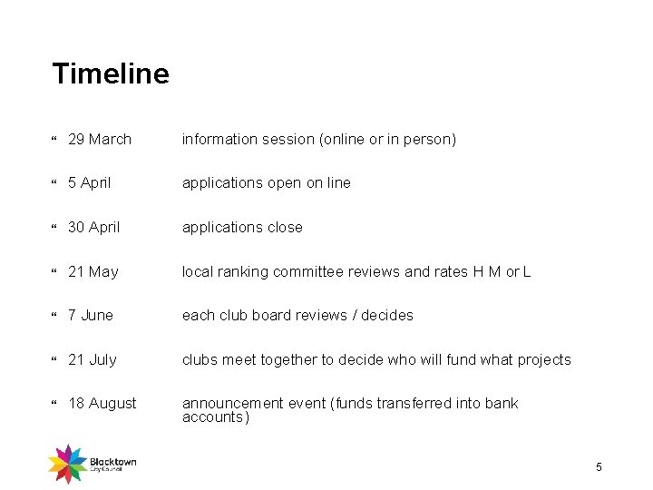 Timeline 29 March information session (online or in person) 5 April applications open on
