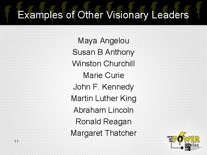 Examples of Other Visionary Leaders Maya Angelou Susan B Anthony Winston Churchill Marie Curie