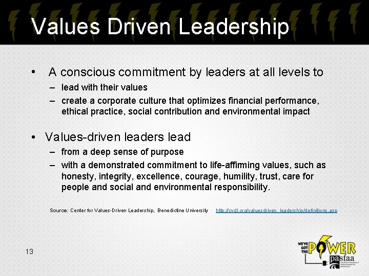 Values Driven Leadership • A conscious commitment by leaders at all levels to –