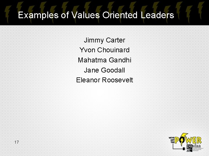 Examples of Values Oriented Leaders Jimmy Carter Yvon Chouinard Mahatma Gandhi Jane Goodall Eleanor