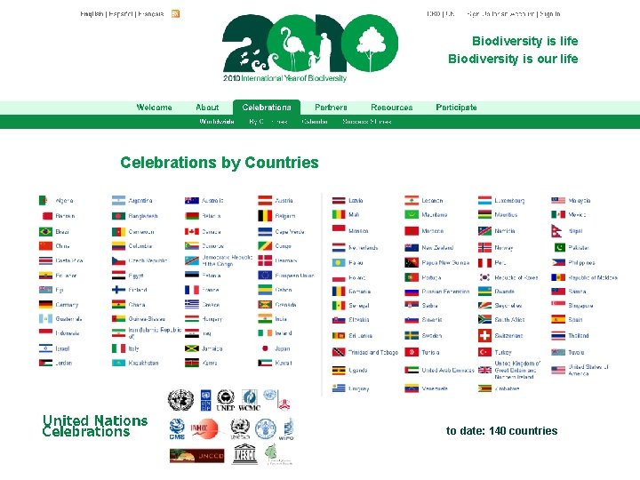 Biodiversity is life Biodiversity is our life Celebrations by Countries to date: 140 countries