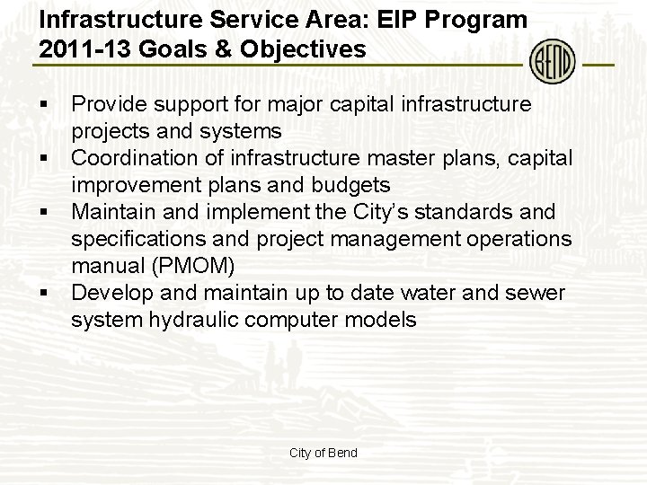 Infrastructure Service Area: EIP Program 2011 -13 Goals & Objectives § Provide support for