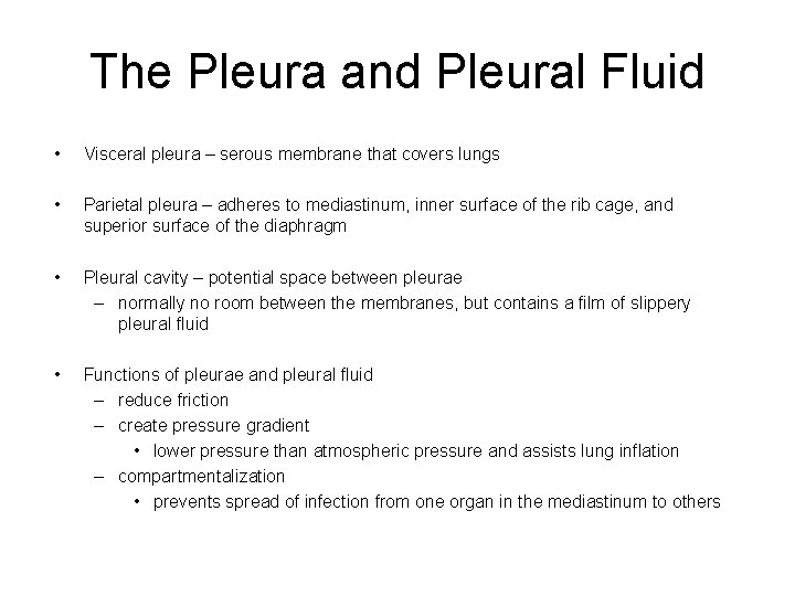 The Pleura and Pleural Fluid • Visceral pleura – serous membrane that covers lungs