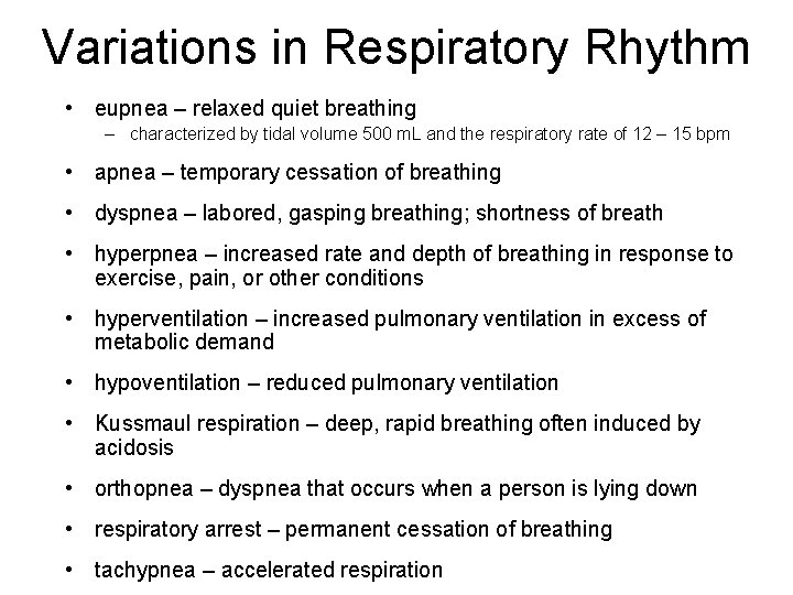 Variations in Respiratory Rhythm • eupnea – relaxed quiet breathing – characterized by tidal