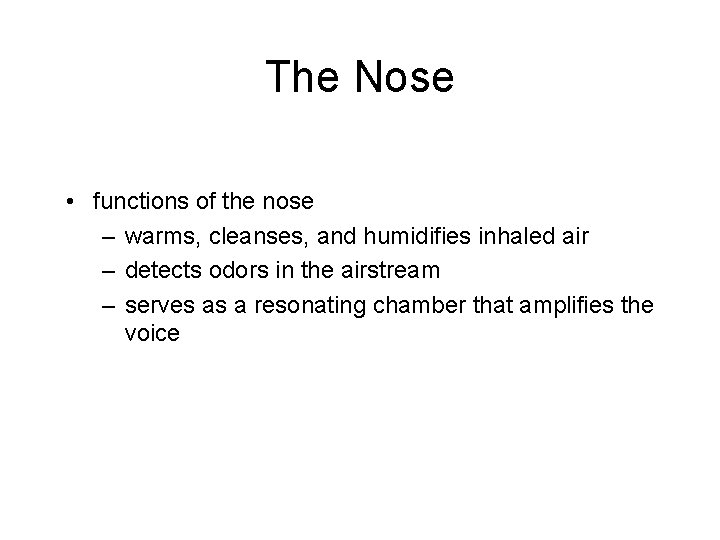 The Nose • functions of the nose – warms, cleanses, and humidifies inhaled air