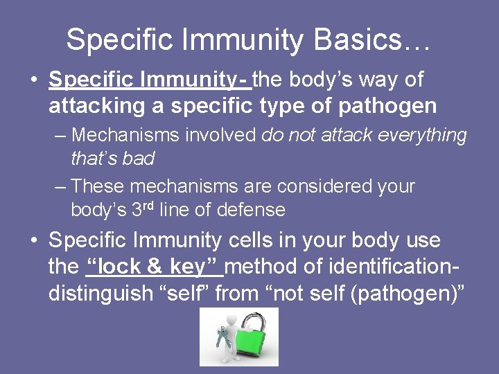 Specific Immunity Basics… • Specific Immunity- the body’s way of attacking a specific type