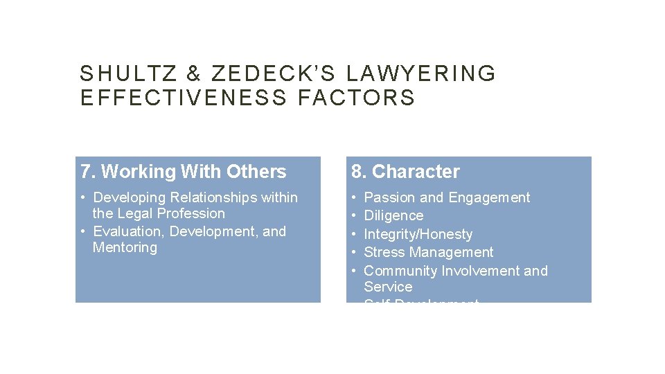 SHULTZ & ZEDECK’S LAWYERING EFFECTIVENESS FACTORS 7. Working With Others 8. Character • Developing
